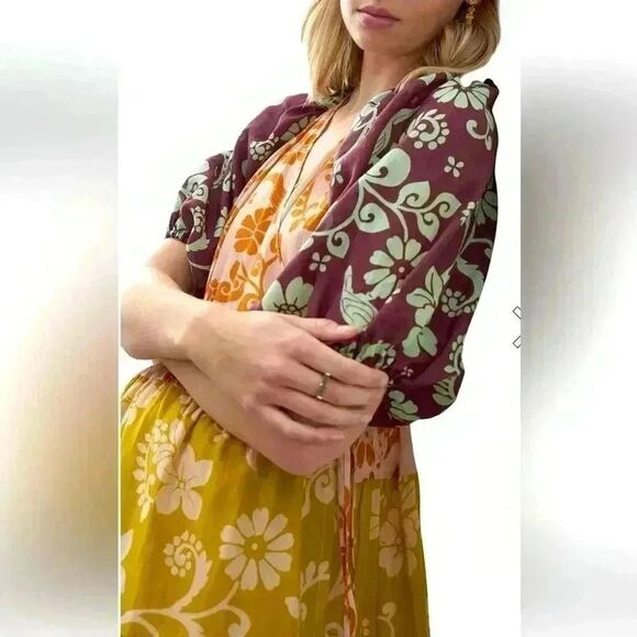 ALÉMAIS 100% Ramie Linen Multicolor Luis Wrap Puff Sleeve Midi Wrap Dress Sz 12 - Picture 3 of 11